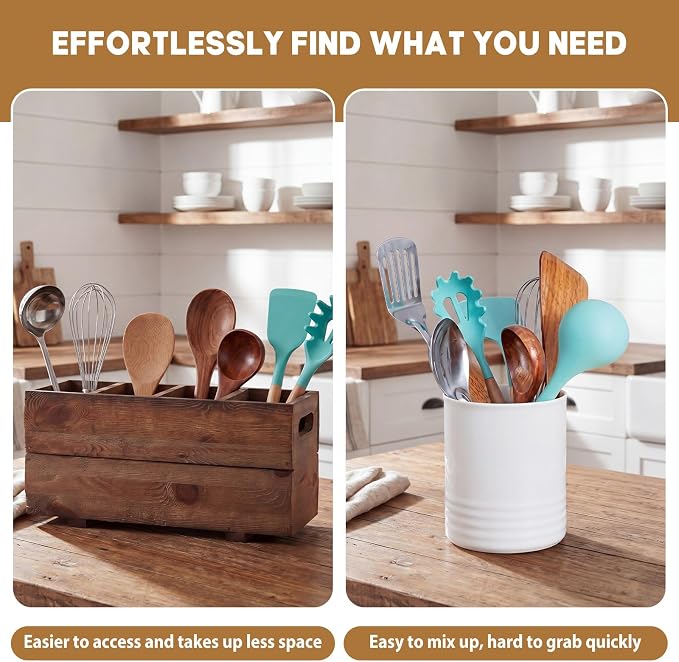 Chumia Extra Large Wooden Kitchen Utensil Holder Organizer for Counter Countertop, Farmhouse Rustic Utensil Holder Container for Storage Cooking Spoons Silverware Tools with 4 Compartments - Image 6