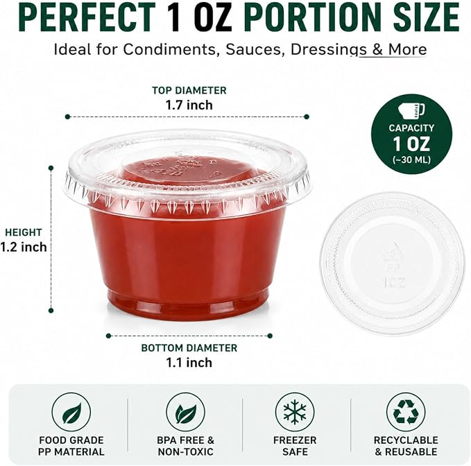 2500 Sets 1 Oz Clear Plastic Portion Cups with Lids Condiment and Dipping Sauce Container Salad Dressing Container Airtight and Stackable Souffle Cups for Lunch, Party, Trips - Image 2