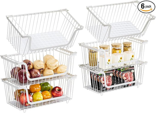 6 Pcs Stackable Wire Baskets for Pantry Organizers and Storage, | Vegetable Fruit Basket for Countertop,Kitchen Storage Metal Baskets,Produce Potato Onion Storage Bin,White by GAOKASE