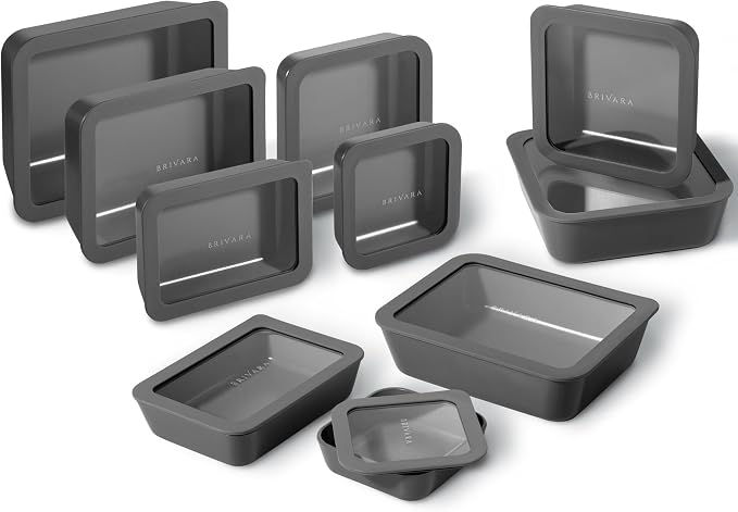 20-Piece Glass Food Storage Containers Set with Lids (10 Containers + 10 Lids) | Microwave-Safe Airtight Seal, Oven-Safe Ceramic-Coated Glass | Zero Plastic, No PFAS/PFOA/BPA [Onyx] by BrivaraHome