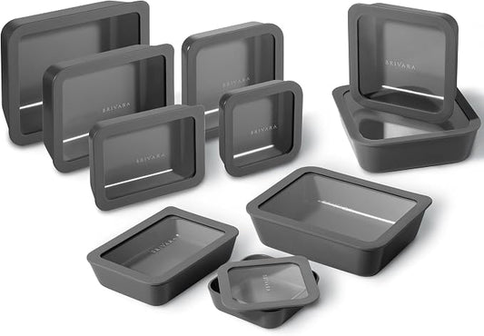 20-Piece Glass Food Storage Containers Set with Lids (10 Containers + 10 Lids) | Microwave-Safe Airtight Seal, Oven-Safe Ceramic-Coated Glass | Zero Plastic, No PFAS/PFOA/BPA [Onyx] by BrivaraHome