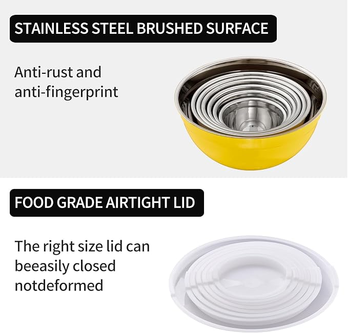 Yellow Mixing Bowls with Lids Set of 7, Stainless Steel Nesting Bowl with Khaki Lid for Non-slip Mixing Prepping Storing Serving, 7 Sizes-7/3.6/2.7/2.1/1.5/1/0.8 QT - Image 4