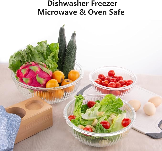 WhiteRhino Glass Mixing Bowls with Lids Set of 3(3.7QT, 2.1QT, 1.1QT),Large Kitchen Salad Bowls, Space-Saving Nesting Bowls, Clear Glass Serving Bowls for Cooking,Baking,Prepping,Dishwasher Safe - Image 7