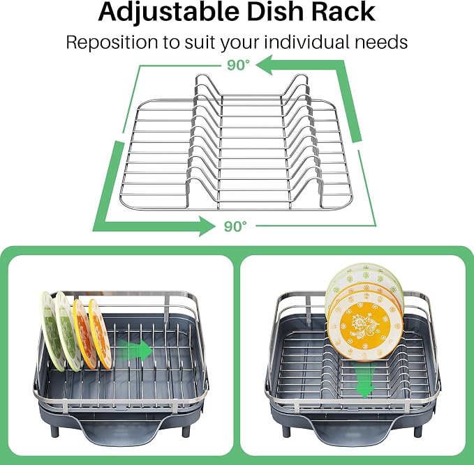 SAYZH Expandable Dish Drying Rack for Small Kitchen Counter, Grey | Stainless Steel, Protective Guardrail, Angled Drainboard, Fits High-Rim Sinks, Removable Utensil Holder - Image 7