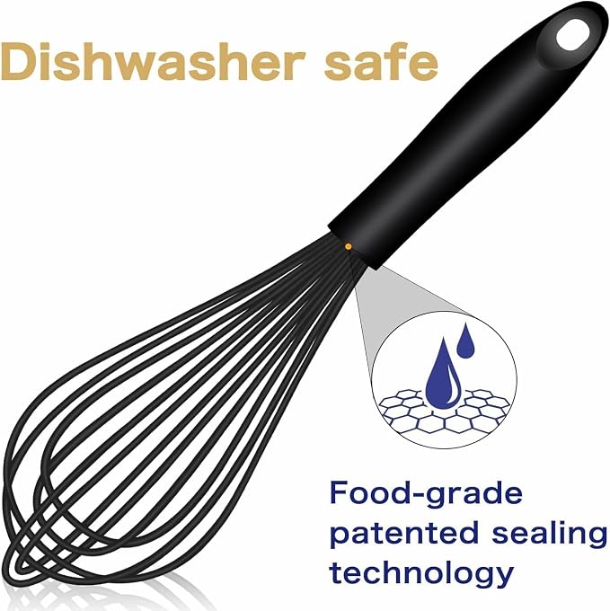 Dishwasher Safe Silicone Whisk, Sealed Waterproof Design Set of 3, Professional Kitchen Whisks for Cooking Non-Scratch, Silicone & Stainless Steel Whisk, Heat Resistant Balloon Egg Beater, Black - Image 2