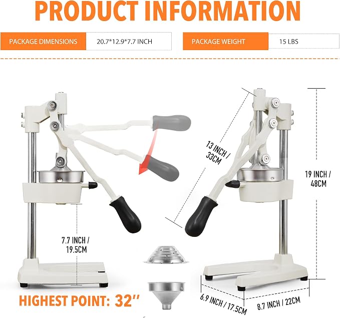 19 Inch Height Extra Tall Commercial Heavy Duty Cast Iron Hand Press Manual Orange Citrus Lemon Lime Grapefruit Pomegranate Fruit Juice Squeezer Machine with Stainless Steel Cup White - Image 7
