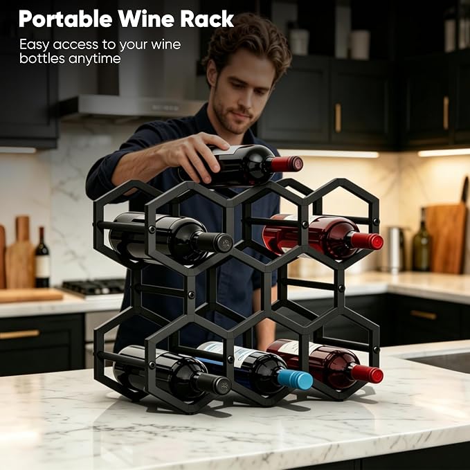 3-Tier Hexagon Metal Countertop Wine Rack, 8 Bottles Tabletop Wine Bottle Holder Stand for Cabinet Pantry, Indoor Outdoor Home Bar Storage Organizer - Image 2
