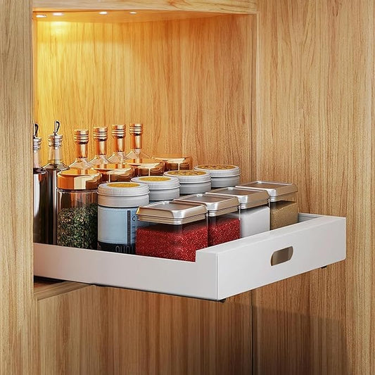 bealy 1 Pack Pull Out Cabinet Organizer Adhesive, 12'' W x 16.9" D x 3.1'' H Heavy Duty Carbon Slide Out Pantry Shelves, Sliding Drawer Pull Out Pantry Shelves for Kitchen, Living Room, Home by bealy
