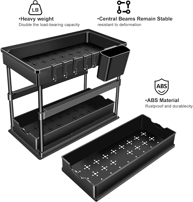 JPart Under Sink Organizer, Kitchen Organizers and Storage, 2-Tier Bathroom Cabinet Organizer with Sliding Drawers, Thickened Construction with Hooks Hanging Cup for Kitchen & Bathroom, 2 Pack - Image 2
