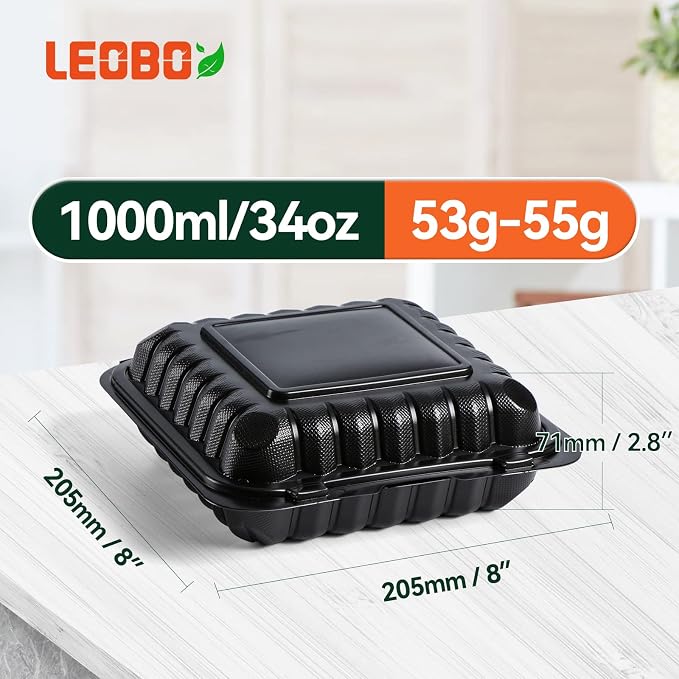 8 Inch 34oz 55-Pack Black To Go Boxes - Shrink Wrapped No Pre-Wash | BPA Free Sturdy Reusable & Elegant | Microwave Safe for Hot Meals, Leftovers & Events | Disposable Takeout Food Containers - Image 5