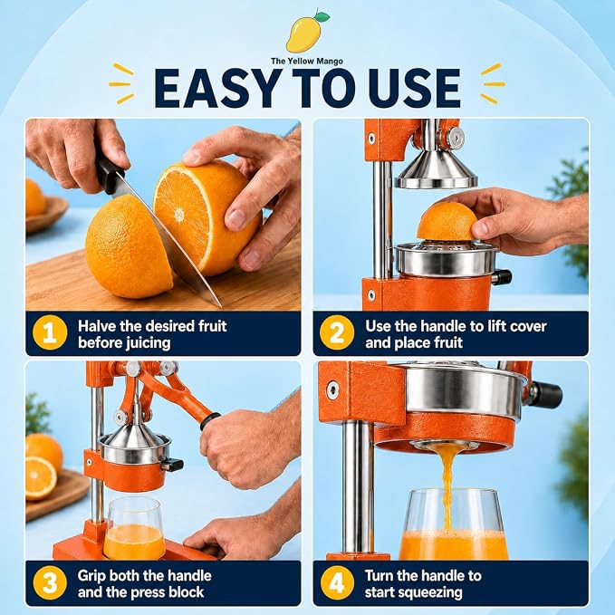 Kitchen Cast Iron Juicer - Manual Citrus Press & Orange Squeezer - Easy-to-Clean Heavy Duty Manual Juicer, Professional Citrus Juicer - Orange Juicer - Stainless Steel Lemon Squeezer (Orange) - Image 5