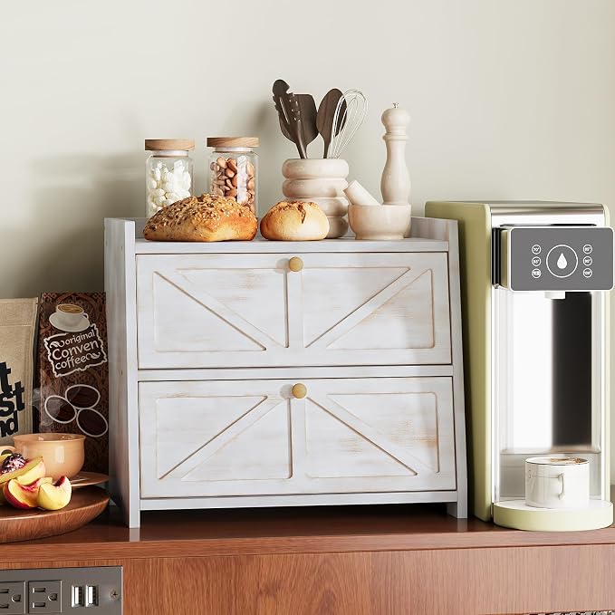 Trironsun Vintage Double Layer Bread Box for Kitchen Counter Bamboo Bread Storage Container Large Capacity Bread Storage Bin (Antique White) - Image 4