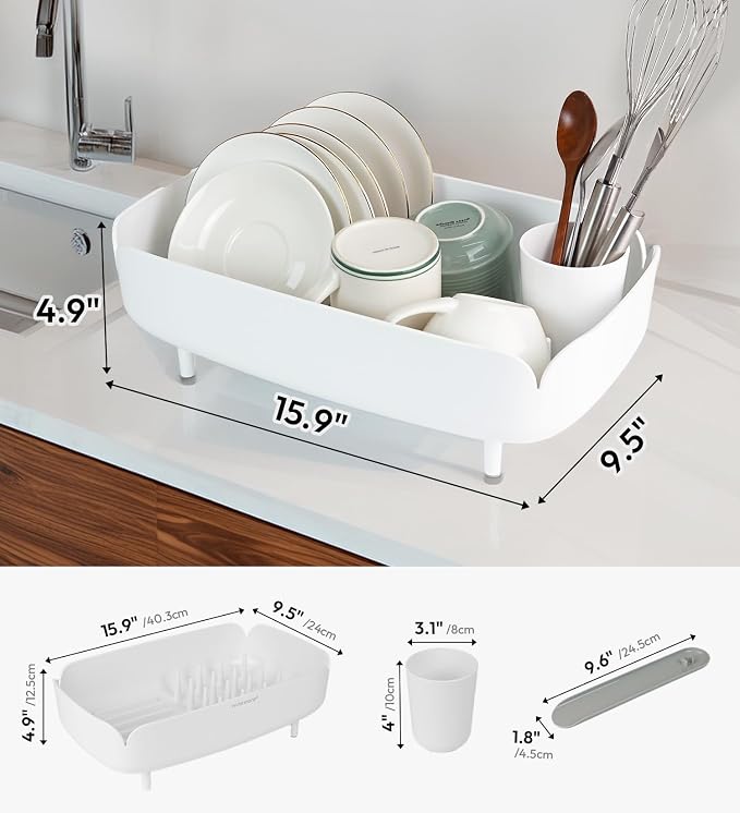 Split-Design Small Dish Drying Rack 9.5'' × 15.9'' × 4.9'' - White | Space-Saving Dish Drainer for Small Kitchen Countertops, Ideal for 1–2 Person Households or as a Secondary Rack - Image 2