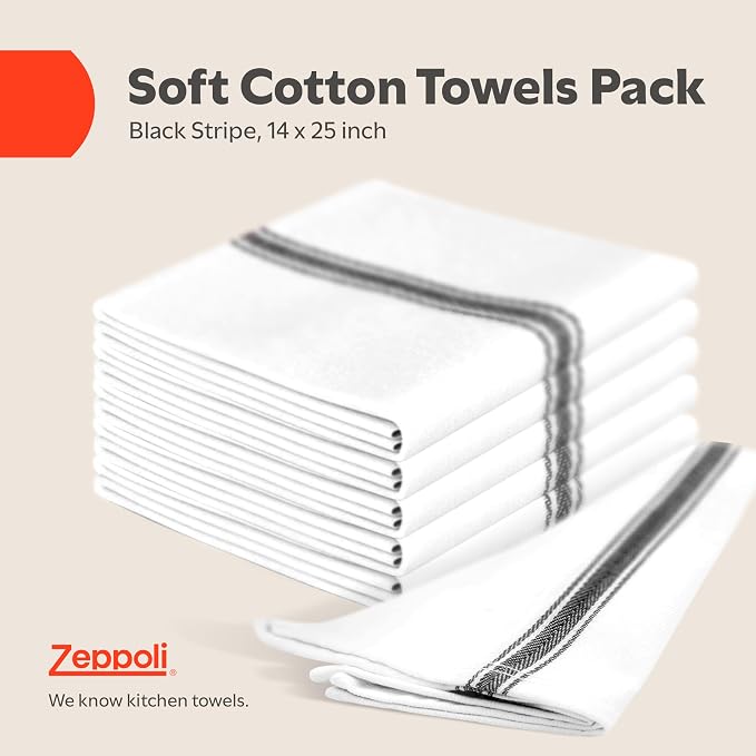 Zeppoli Classic Kitchen Towels - 30 Pack 100% Natural Cotton Towel Set, Reusable Wash Cloths, Absorbent Dish Towels, Machine Washable Hand Towels, Kitchen Essentials, 14” by 25”, Black Striped - Image 2