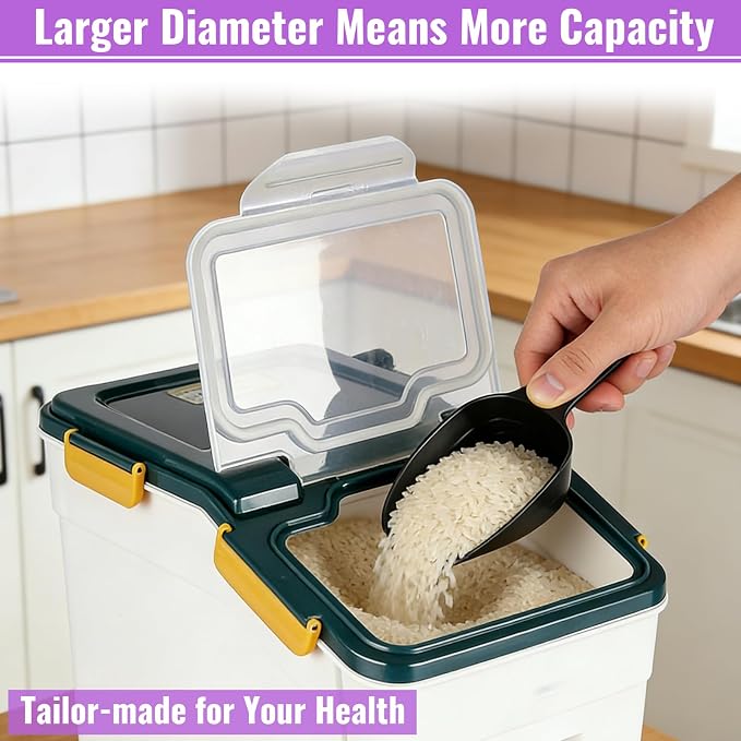 Rice Container 25 lbs Large Bulk Flour Sugar Storage Holdhouse Plastic Grain Cereal Dry Goods Bin with Spoon and Measuring Cup for Kitchen Pantry Organization - Blue - Image 6