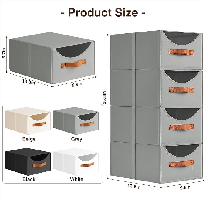 Stackable Storage Drawers - Collapsible Storage Bins with Drawers, 8 Pack Closet Shelf Organizer Basket, Fabric Pull Out Organizer for Bedroom, Living Room, Dorm, Grey - Image 3