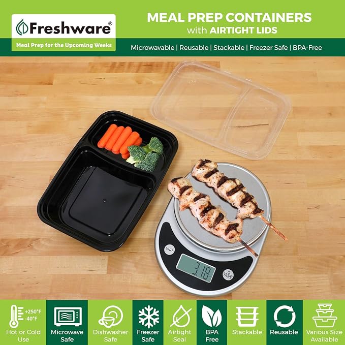 Freshware Meal Prep Containers with Lids 28 oz [15 Pack] 2-Compartment Food Storage Containers, Bento Box Lunch Containers, BPA Free, Airtight, Stackable, Reusable, Microwave/Dishwasher/Freezer Safe - Image 2