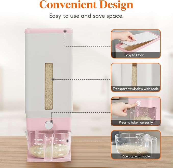Lifewit Rice Dispenser 25 Lbs, Airtight Storage with Cup, 2 Pack Pink | BPA-Free 11.3kg Capacity Storage Container for Beans, Corn & Other Small Grains, One-Press Dispensing Bin for Kitchen Pantry - Image 4