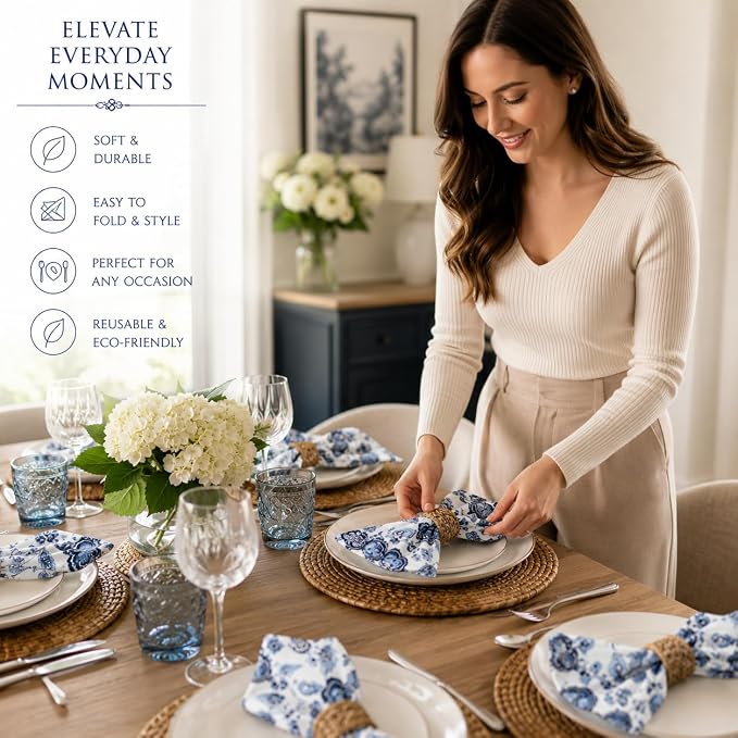 Premium Cotton Cloth Napkins Set of 4, 18x18 Inch Reusable Dinner Napkins, Soft Washable Oversized Fabric Napkins for Dining Table, Weddings, Parties & Everyday Use, Blue Floral - Image 7