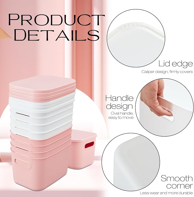 8 Pieces Colorful Storage Bins with Lid, Plastic Storage Basket Organizing Container Stackable Box with Handle for Shelves Desktop Playroom Office(9.8 x 7.1 x 6.3 Inch,White and Pink) - Image 3