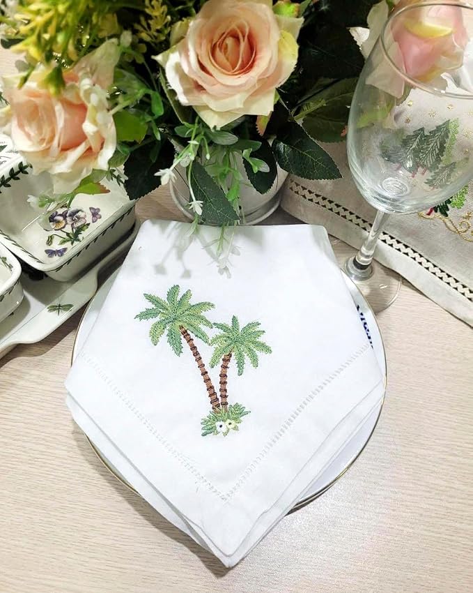 Embroidered Cloth Napkin Palm Tree Cotton Napkins Set of 6, 20 x 20 Hemstitch Table Napkins, Machine Washable, for Daily & Holiday Dining, Great Gift Ideas - Image 7
