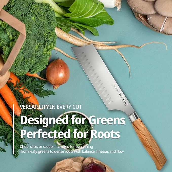 WICKWILLOW 6.5” Nakiri Knife – Swedish Steel, Olive Wood Handle, Daily Prep | For vegetables, herbs and plant-based cooking with clean push cuts. Hand wash only. Gift box included. - Image 2