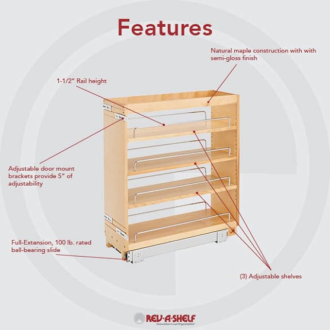 Rev-A-Shelf 448-BC-8C 8-Inch Base Cabinet Pullout Storage Organizer with Adjustable Wood Shelves and Chrome Rails - Image 7