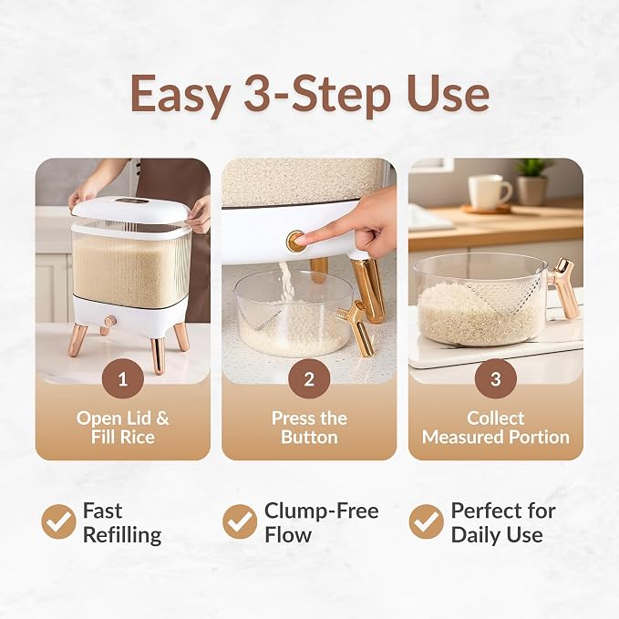 FromUS2U Rice Container, 25 Lbs Airtight Grain Dispenser, Large Cereal Dispenser Countertop for Kitchen Space-Saving Food Bin with Easy Pour Design for Pantry Organization - Image 6