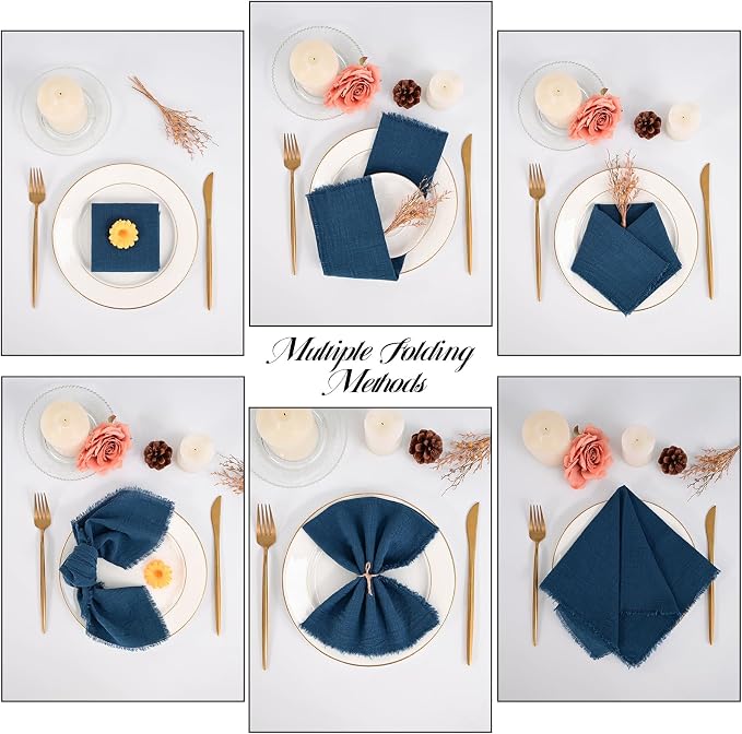 36 Pack Royal Blue Napkins, 12 x 12 Inch Cotton with Fringe Settings | Handmade washable reusable cotton dinner napkins in bulk for weddings, parties, rustic boho table settings - Image 3