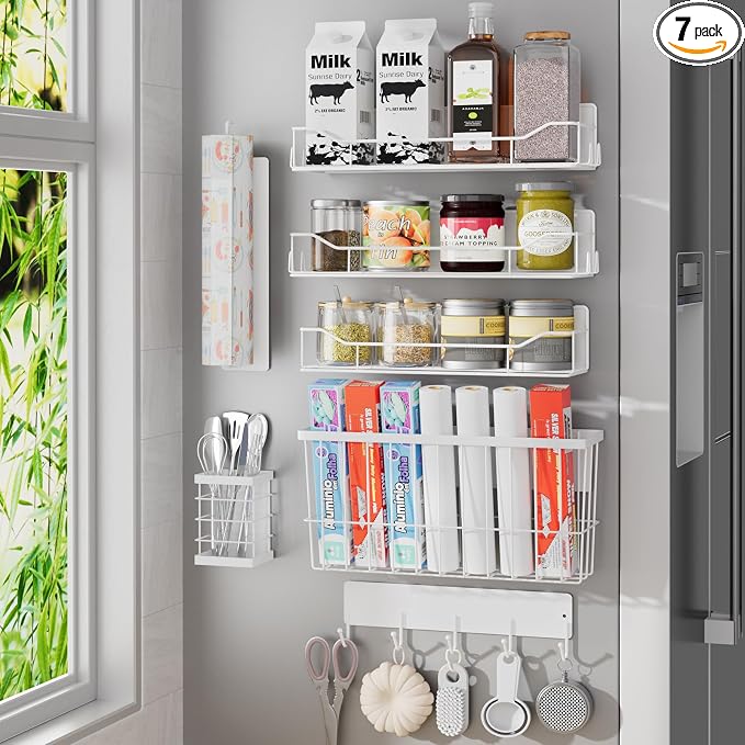 Magnetic Spice Rack for Refrigerator, 7 Pack Magnetic Fridge Shelf for Kitchen Organization Storage, Moveable Spice Organizer W/Paper Towel Holder, Utensil Caddy, Cutting Board Rack (White) by IYEBAU