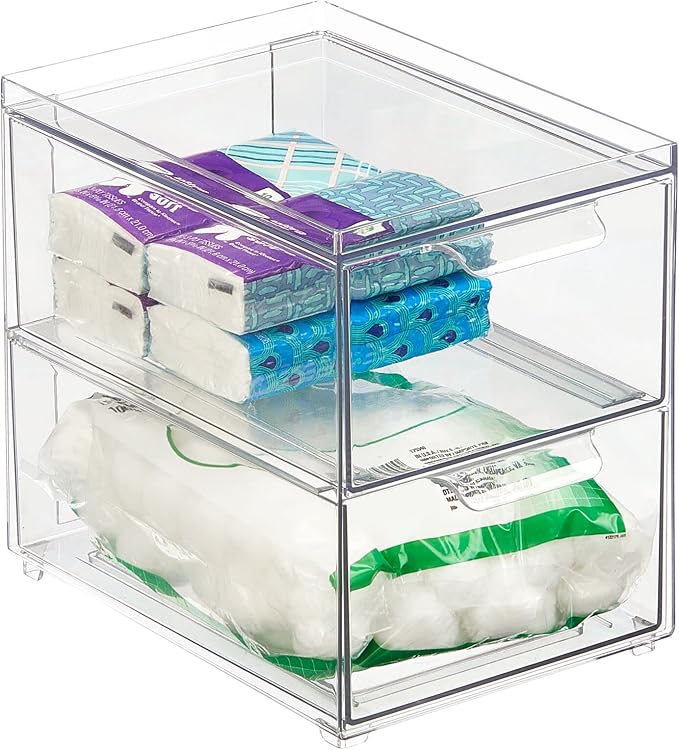 mDesign Stackable Storage Containers Box with 2 Pull-Out Drawers - Stacking Plastic Drawer Bins for Master or Guest Bathroom, Linen Closet, Vanity, or Makeup Table - Lumiere Collection -Clear by mDesign