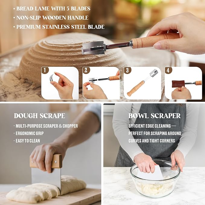 Sourdough Bread Baking Supplies, 23P Sourdough Starter Kit,30oz Sourdough Starter Jar Kit, Cotton Rope Banneton Bread Proofing Basket with Bread Lame, Scraper, Dough Whisk, Gifts for Bakers Women - Image 6