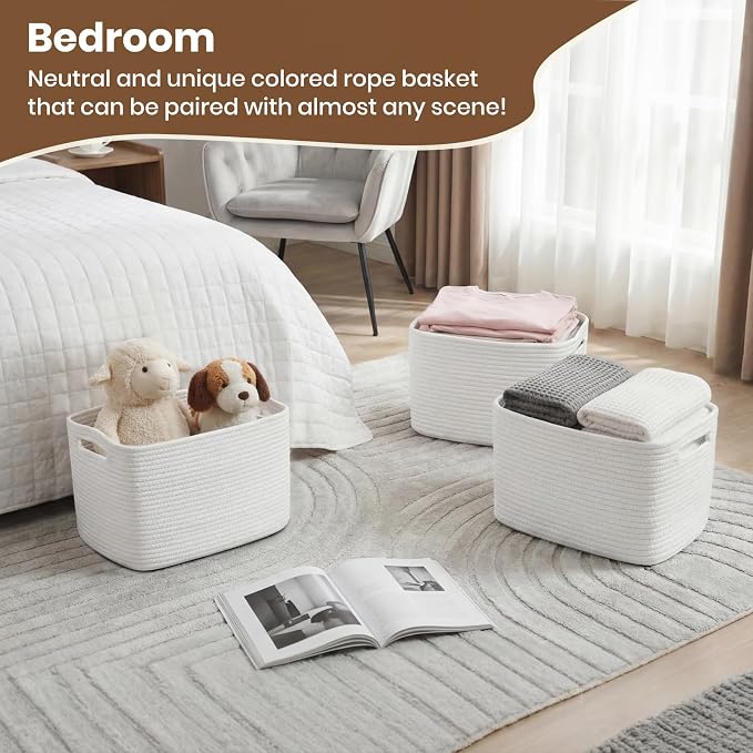 Storage Baskets for Organizing, 14 x 10 x 9” Closet Shelf Woven Baskets, Square Bins with Handles, Cotton Rope Basket for Clothes, Office, Room, White 1 Pack - Image 5