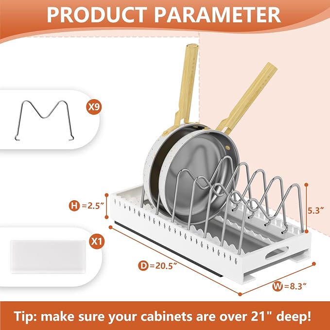 1 Pack | Adjustable Pots and Pans Organizer Under Cabinet with Drip Tray, Pull-Out Pot/Pan Lid Organizers Inside Cabinet, 20.5” Deep Carbon Steel Pan and Pot Racks with 9 Dividers for Countertop. - Image 5