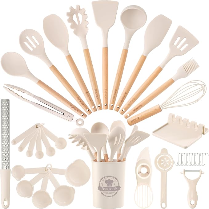 Astercook Kitchen Utensils set, 39 PCS Silicone Cooking Utensils Set with Wooden Handle, 446°F Heat Resistant Food Grade Utensil Sets, BPA Free Kitchen Gadgets Tools Set for Nonstick Cookware (Cream) by Astercook