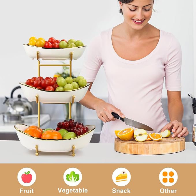 Fruit Basket for Kitchen Counter, 3 Tier Fruit Basket, Ceramic Fruit Bowl, Fruit Bowl for Kitchen Counter, Porcelain Fruit Stand Storage Holder, Large Capacity Fruit Holder for Dessert, Snack(White) - Image 7