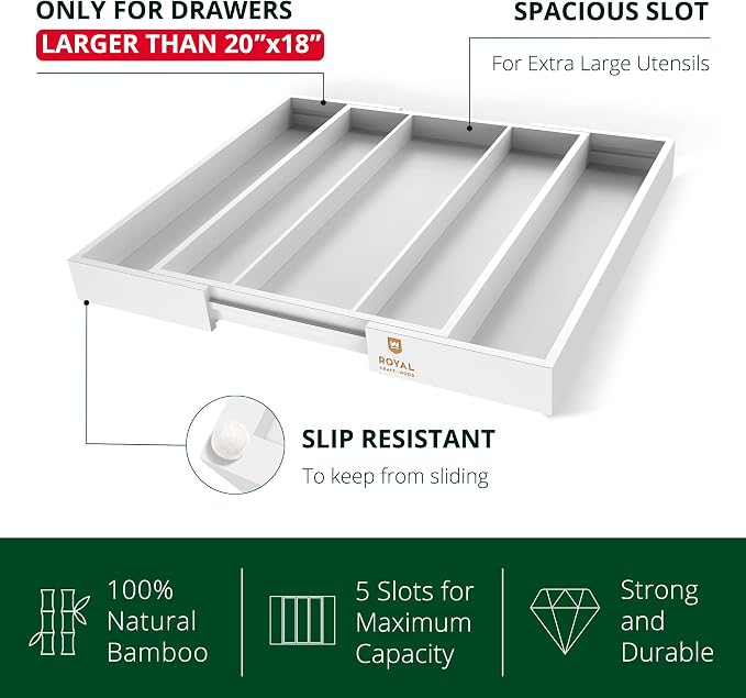 ROYAL CRAFT WOOD Luxury Bamboo Kitchen Drawer Organizer - Silverware Organizer - Utensil Holder and Cutlery Tray with Grooved Drawer Dividers for Flatware and Kitchen Utensils (5 Slot, White) - Image 4