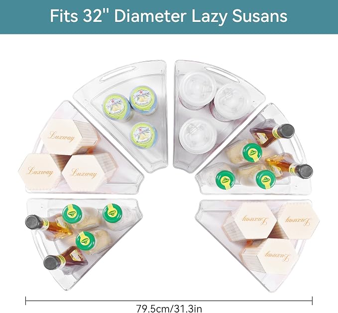 Oubonun Lazy Susan Organizers Set of 6, 12.8’’ x 11.7’’ x 4’’ Plastic Transparent Kitchen Cabinet Storage Bins with Handle, 4" Deep Container, 1/8 Wedge - Food Safe, without BPA - Image 2
