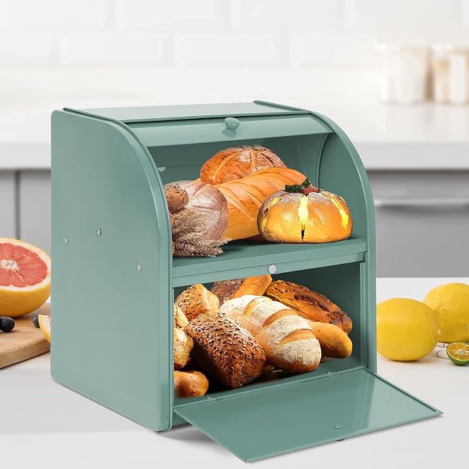 Stainless Steel Bread Box, 2 Layer Roll Top Bread Boxes, Large Capacity Food Storage Container for Kitchen Counter, Metal Bread Bin, Bread Holder for Countertop 11.8" x 9.6" x 12.8" (Green) - Image 4