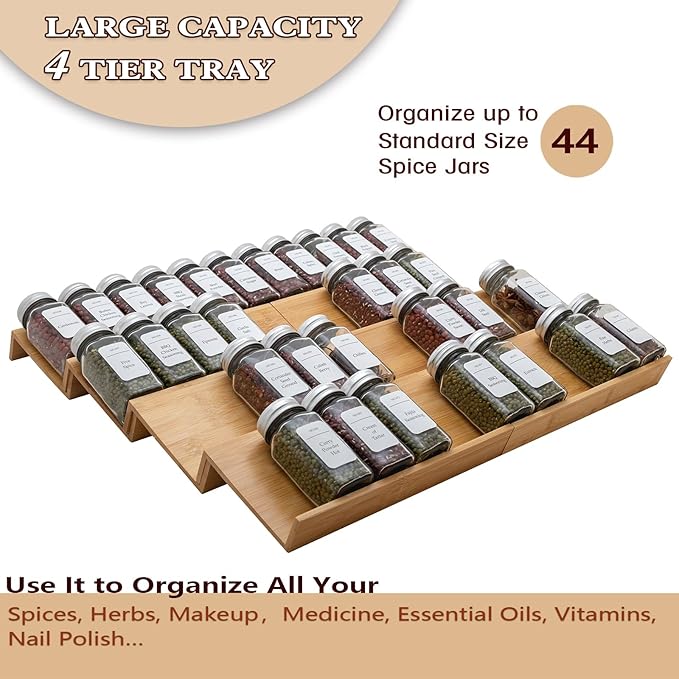 Bamboo Spice Rack Drawer Organizer - 8 Pieces Set- 10" Wide Per Piece - Combine Pieces Into 20" Wide Rack (10" or 20") - Image 2