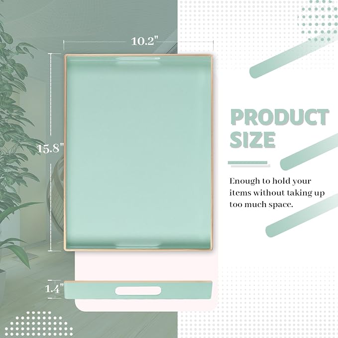 Mint Green Decorative Tray for Ottoman, Serving Tray with Handles | Plastic Melamine Tray, Modern Coffee Table Tray, Rectangle Countertop Organizer Tray for Living Room, 15.8"L x 10.2"W x 1.4"H - Image 2