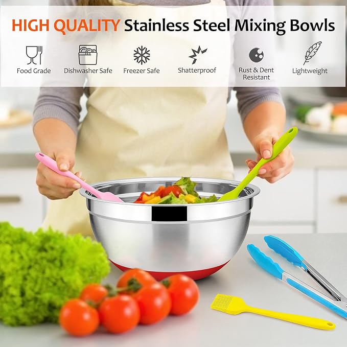 22-Piece Mixing Bowls with Lids & Accessories Set, E-far Stainless Steel Nesting Bowls with Colorful Covers & Non-Slip Bottoms, Metal Bowls for Cooking/Baking/Serving/Storage - Size 7/3.5/2.5/1.5/1 QT - Image 6