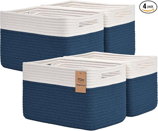 Storage Baskets for Organizing, 4 Pack Baskets for Shelves, Decorative Storage Bins for Shelves, Cotton Rope Storage Basket with Handles, Woven Basket for Storage, 13''Lx8.7''Wx7.9''H, White & Blue by Degeyoyo