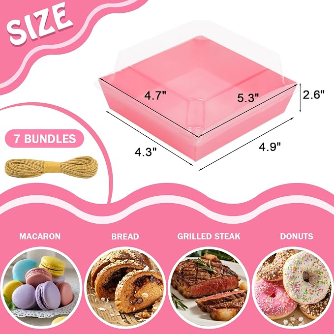 Pink Charcuterie Boxes with Clear Lids - Set of 150, 5.3x4.9x2.5 Disposable Food Containers with Lids, Bakery Boxes for Swiss Roll, Sandwich, Strawberries, Slice Cake, Cookies - Image 2