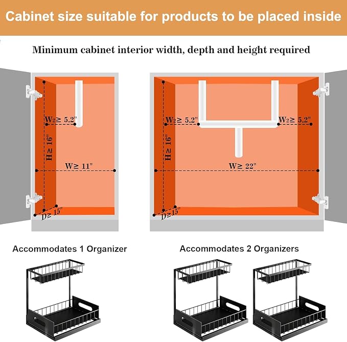 2 Pack Under Sink Organizer, Height Adjustable Pull Out Cabinet Shelf, Heavy Duty Metal Sliding Drawer, Rust-Resistant Storage for Kitchen Bathroom Pantry, Fits Tall Bottles & Plumbing P-Traps - Image 6