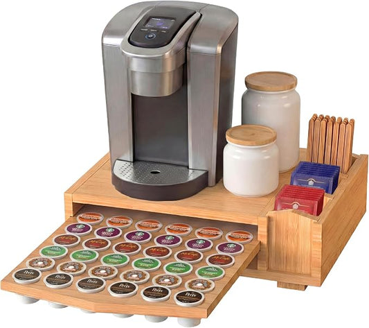 Bamboo Keurig Pod Organizer, Large 36 K-Cup Capacity Aesthetic Under Machine K-Cup Storage Drawer, Space-Saving Keurig Stand With Storage, 3 Slots For Tea & Spoons, Fits Keurig Brewers by Unknown