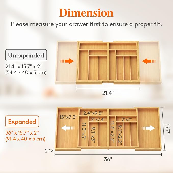 Lifewit Large Silverware Drawer Organizer, Bamboo Utensil Tray for Kitchen | Expandable 21.4 to 36 Inches Wide, Adjustable Flatware and Cutlery Holder for Spoons Forks Knives, 13 Compartments, Natural - Image 2
