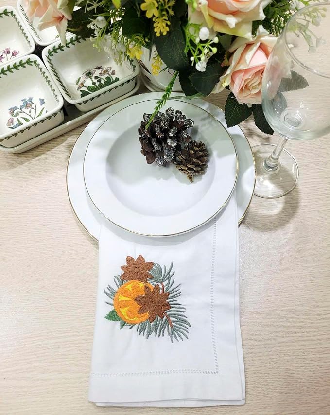 Embroidered Cloth Napkins, Set of 6 – Pine Cone, Orange & Palm Leaf Design – 20x20 Hemstitch Cotton Table Napkins – Machine Washable, Holiday & Everyday Use, Great Gift Idea - Image 3