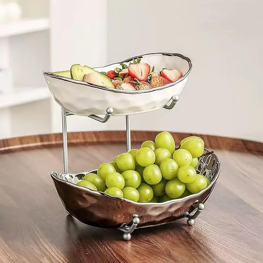 2-Tier Fruit Bowls for Kitchen Counter,Ceramic Bowl with Silver Metal Stand,2 Tier Fruit Basket for Fruit,Snack,Cake,Nuts,Dessert Space Saving Storage by Afeyibu