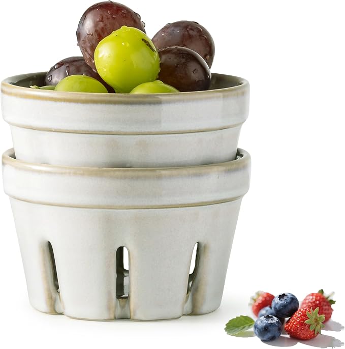 Gomakren Ceramic Berry Bowl Set of 2, Small Fruit Basket Colanders, White | Drain Holes Keep Berries Fresh, Stackable, Wash & Serve, Round Strawberry Basket for Fridge Kitchen Counter, Lovely Home Gift by Gomakren
